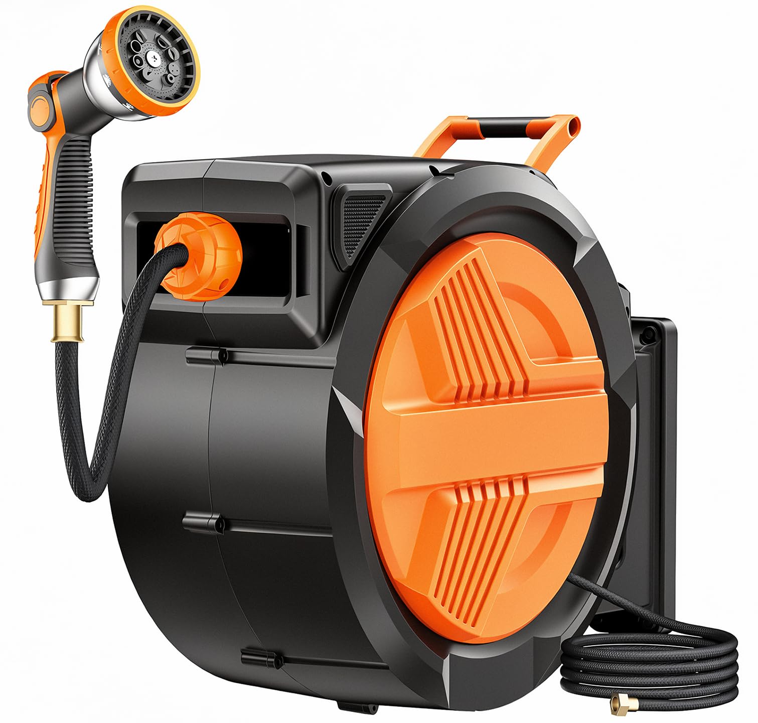 Photo 1 of Retractable Garden Hose Reel 5/8” x 100ft, Auto Rewind Hose Reels for Outside, Heavy-Duty Wall-Mounted Outdoor Hose, 10-Mode Nozzle, Adjustable Length, 180° Rotation for Watering, Car Washing
