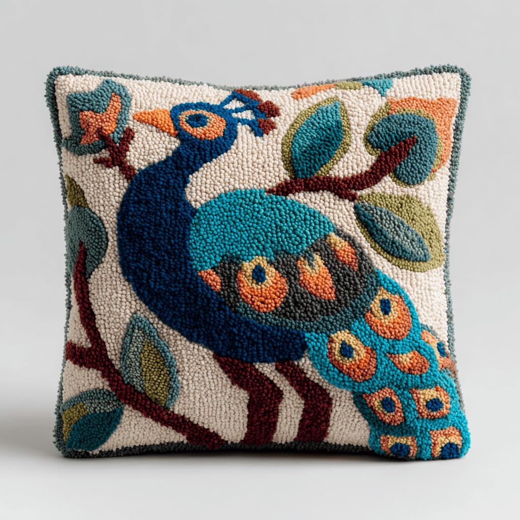 Kitquiver Latch Hook Cushion Kits F Latch Hook Rug Kits For Adults Peacock Diy Latch Hook Cushion Cross-Stitch Embroidery Cushion Cover For Home Sofa Decoration 17X17 In.