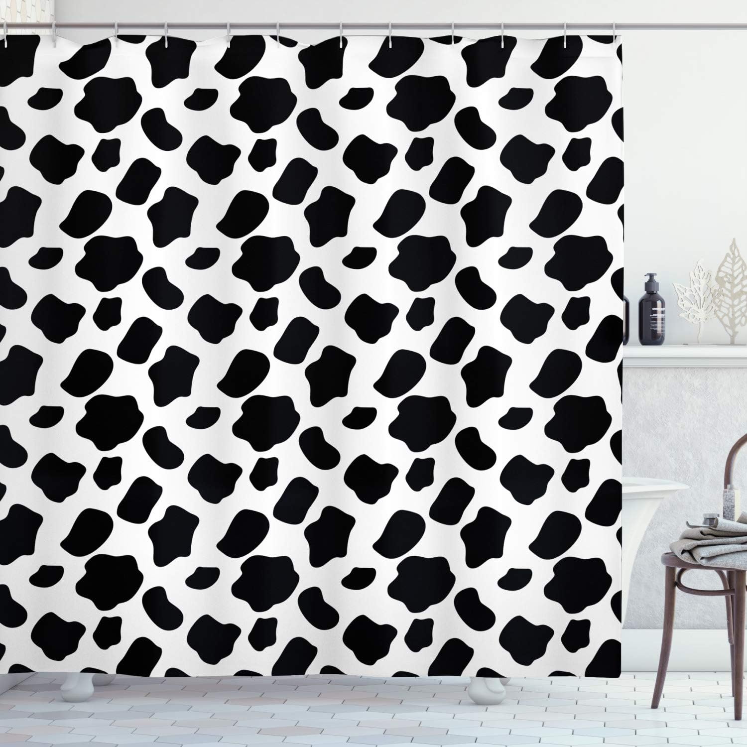 Ambesonne Cow Print Shower Curtain, Cattle Skin Pattern Scattered Spots Animal Hide Plain and Pasture Theme, Cloth Fabric Bathroom Decor Set with Hooks, 69" W x 75" L, Black White