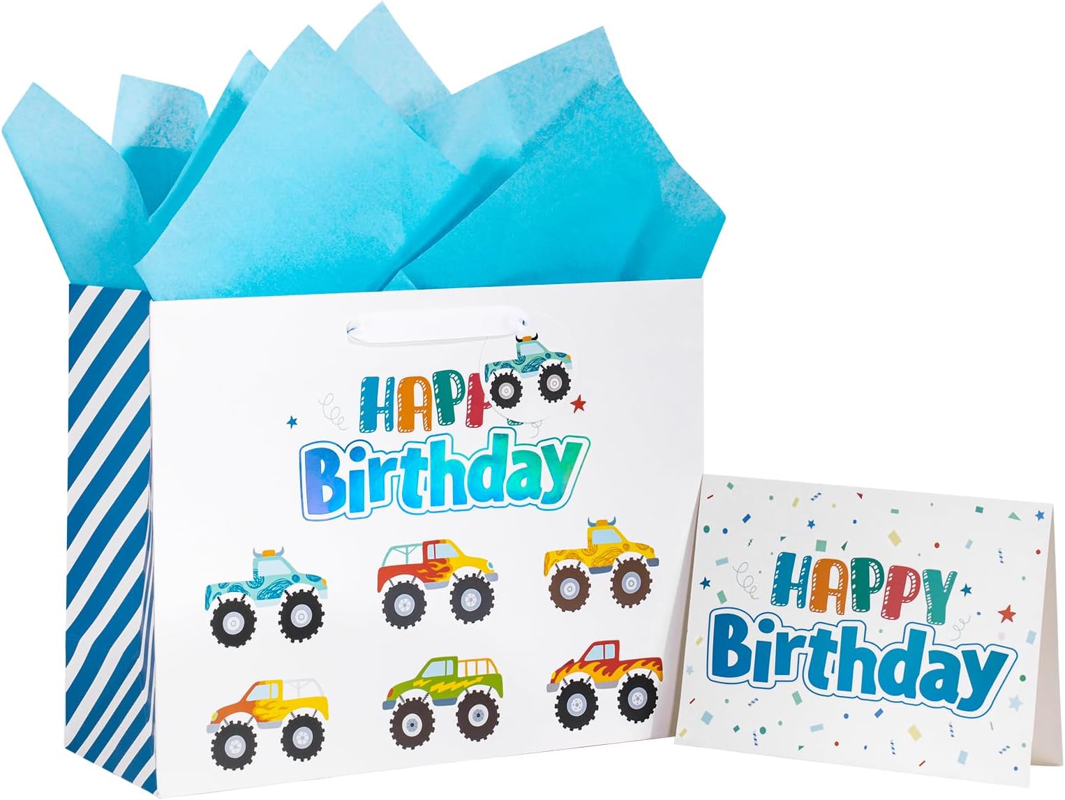 Birthday Gift Bag for Kids, Medium Bag with Tissue Paper, Gift Tag and Greeting Card, Cartoon Truck Aand Text Design for Boys Kids Birthday, Party and More, 13" x 5" x 10", 1 Pcs