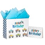 Loveinside Birthday Gift Bag for Kids, Medium Bag with Tissue Paper, Gift Tag and Greeting Card, Cartoon Truck Aand Text Design for Boys Kids Birthday, Party and More, 13 x 5 x 10, 1 Pcs