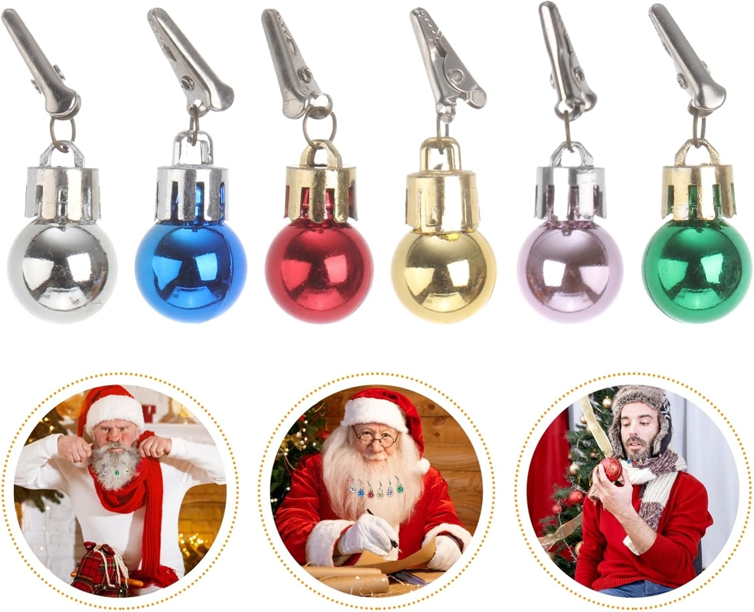 SOLUSTRE 24pcs Christmas Beard Ornaments Light Up Facial Hair Ball Bauble Bell Clip Novelty Holiday Decorations for Men Costume Ugly Sweater Party