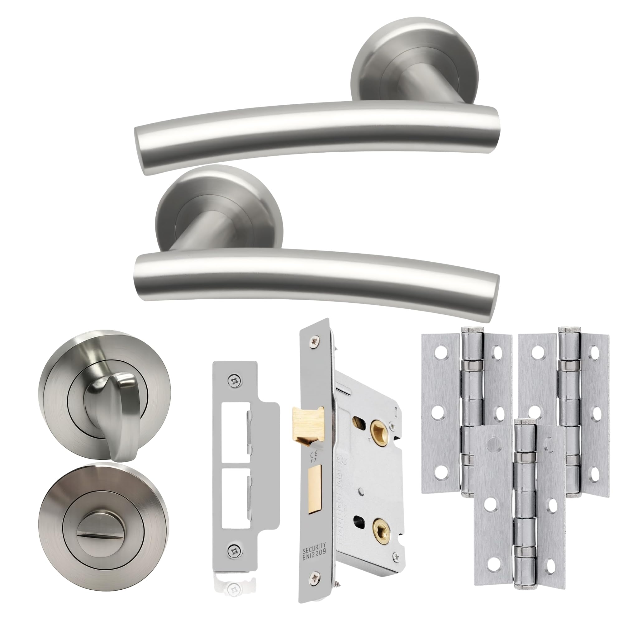UAP Scafell Internal Door Handle Bathroom Pack, Satin Stainless, with Lock, Hinges and Escutcheon, 65mm