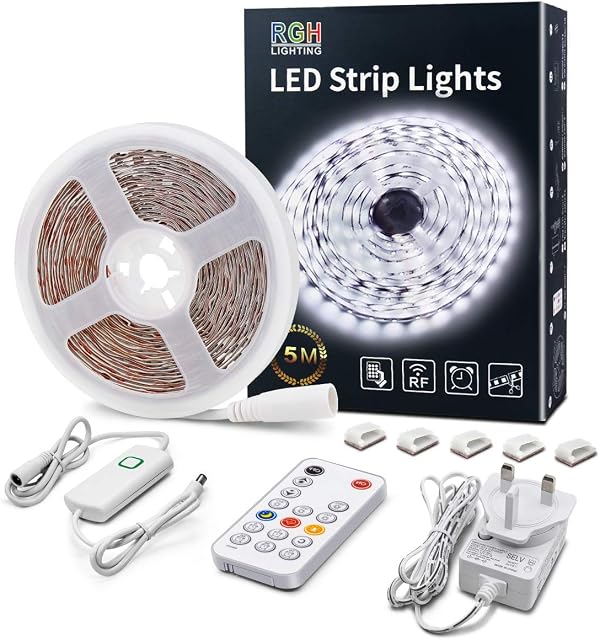LED Strip Lights White, 5m Dimmable LED Light Strip with RF Remote, 300 Bright 6500K 2835 LEDs, Plug-in Adhesive Rope Lights with Timing Mode for Living Room Bedroom Kitchen Cabinet Mirror Decor