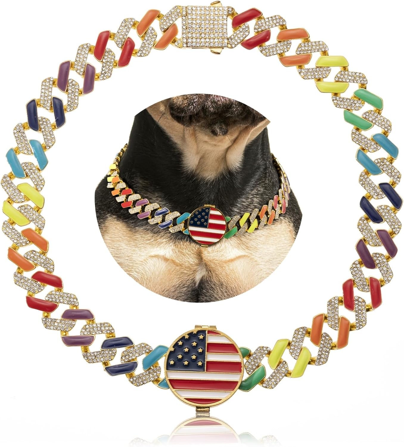 Gold Chain Canine Collars with Personalised, Diamond Collar Cuban Hyperlink 19MM Sturdy Heavy Obligation Chew Proof, Canine Collar with AirTag Holder, Pet Collar for Small Medium Massive Canines (M:14″-18″)