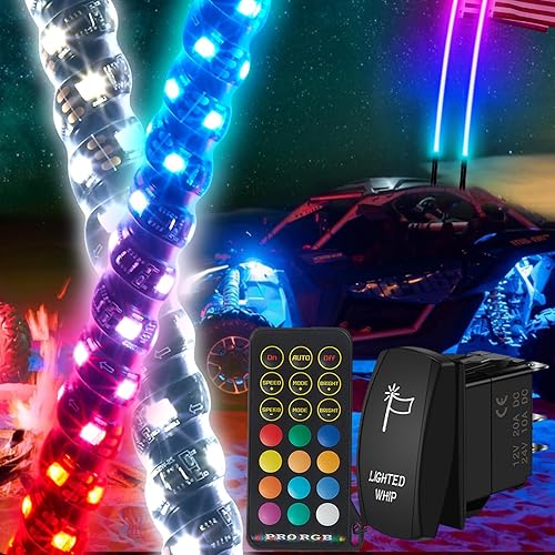 SUZCO Juego de 2 luces LED de 2 pies Pro resistentes en espiral cortas y gruesas para UTV ATV con IR, luz de látigo blanca arcoíris con señal de