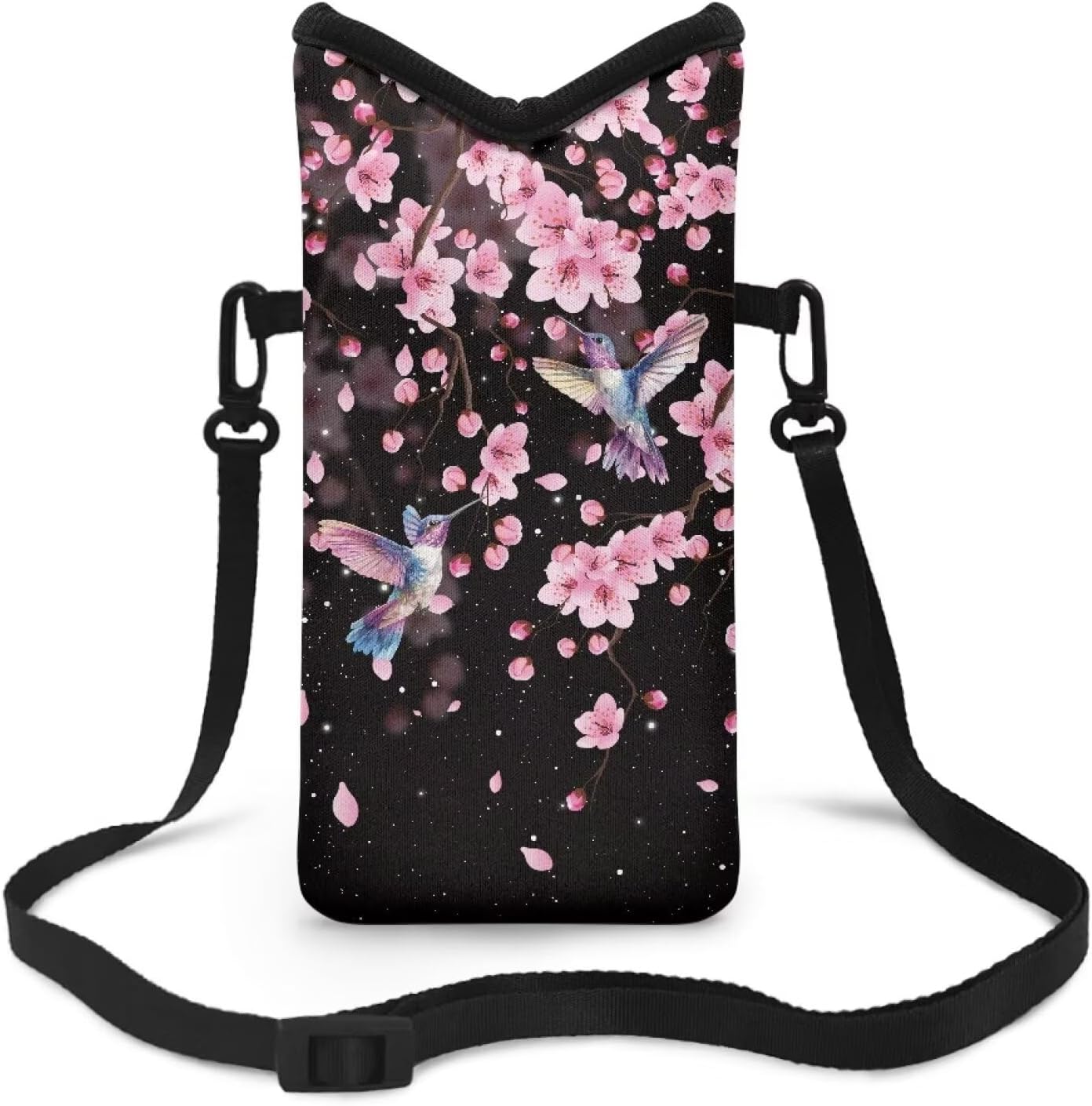 Suobstales Hummingbird Cherry Blossom Print 8 x 4 inches Cell Phone Sleeve for Women Men, Neoprene Phone Pouch Small Shoulder Bag Card Holder Wallet Purses Mobile Protection