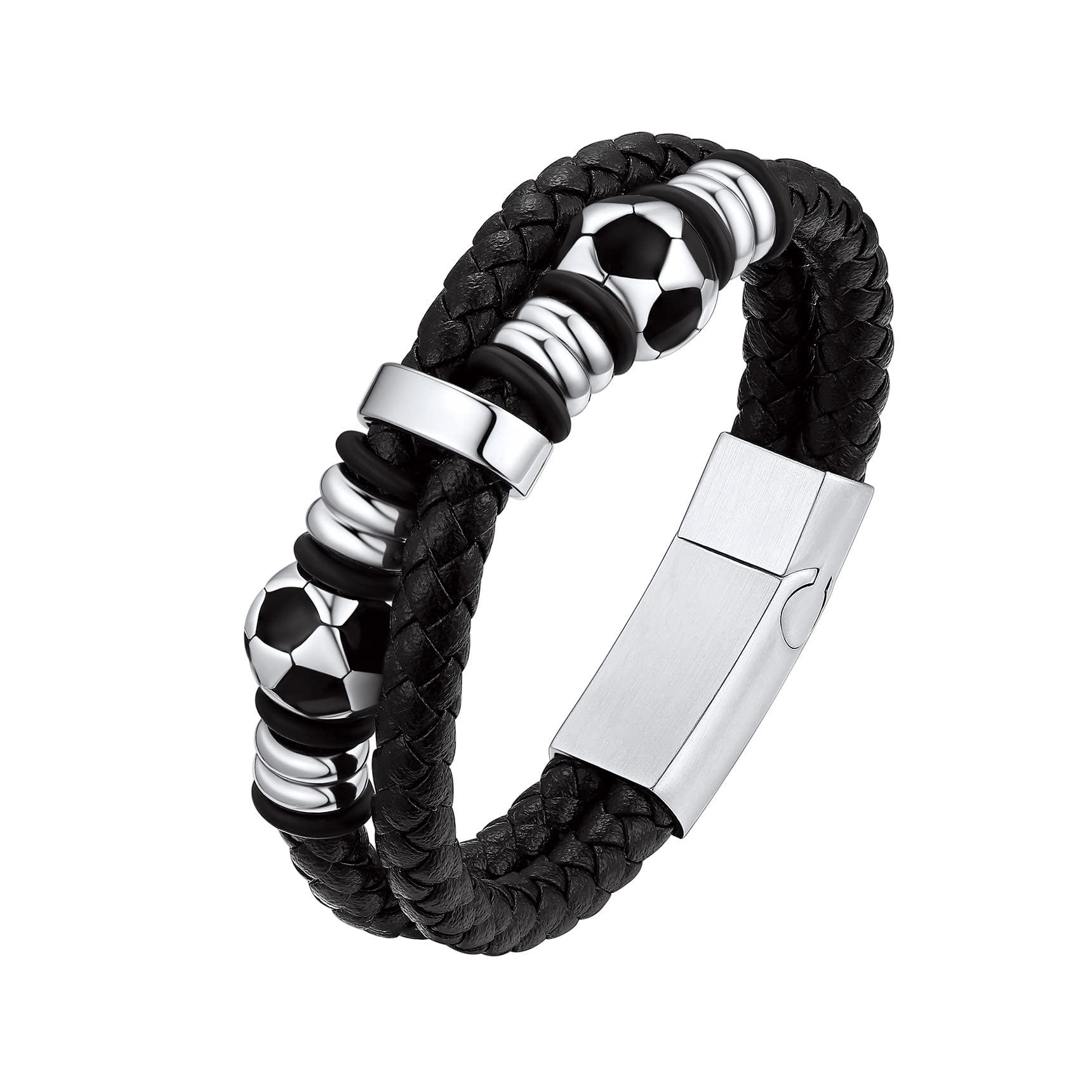 Bestyle Mens Leather Bracelet with Stainless Steel Baseball/Soccer Bead Bracelets for Men,Fashion Leather Bracelets for Men, Size 7.5/8.3Inch