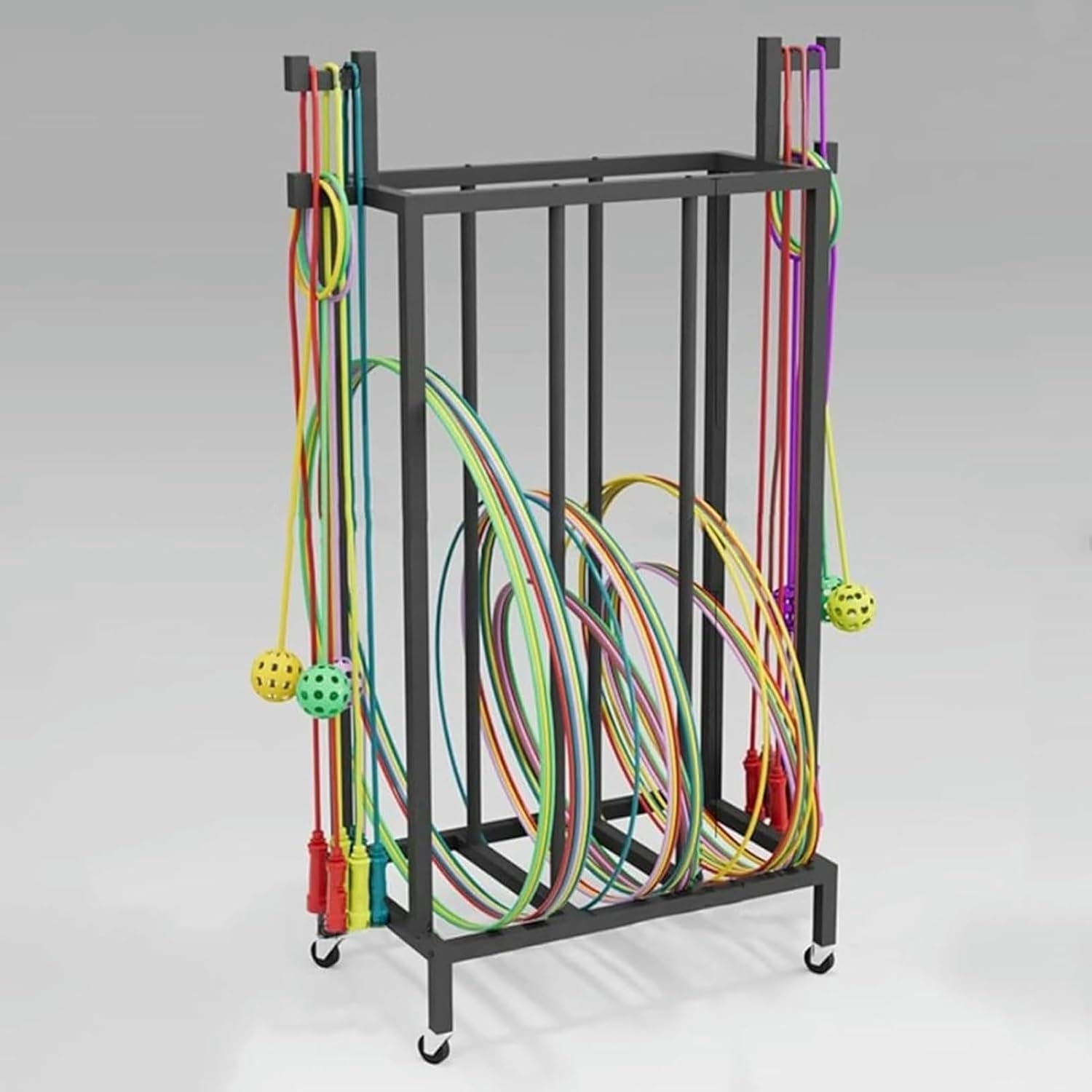 Heavy-Duty Metal Hula Hoop and Jump Rope Storage Holder Cart, Hula Hoop Stand with Wheels, School Gym Sport Equipment Rack, Basement Studio Fitness Organizer