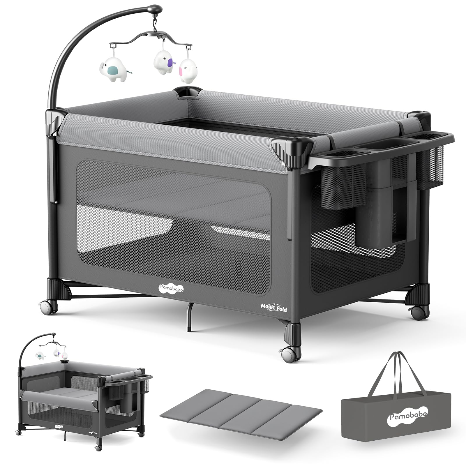 View 1 of ***FACTORY SEALED - OPENED FOR INSPECTION***Pamo Babe 5 in 1 Pack and Play - One-Step Setup Bedside Crib, Portable Playard with Mattress, Storage Bag - Grey