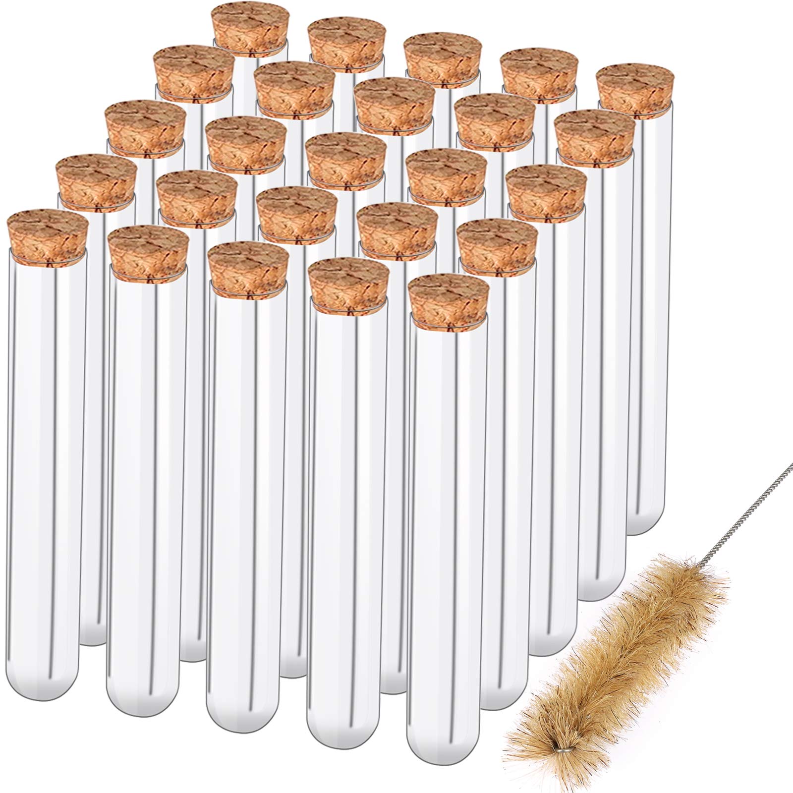 HNYYZL 25Pcs Clear Plastic Test Tubes with Cork Stoppers and 1 Brush, 25x160mm 50ml, Good Seal for Jewelry Seed Beads Powder Spice Liquid Storage, Lab