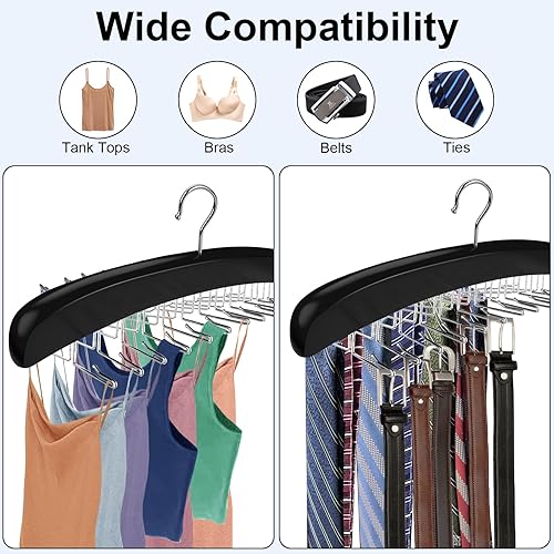 Miniatura 3 de Estante para corbatas, 24 ganchos de madera con ganchos de metal giratorios de 360 mejorados, organizador de armario para corbatas, cinturones,