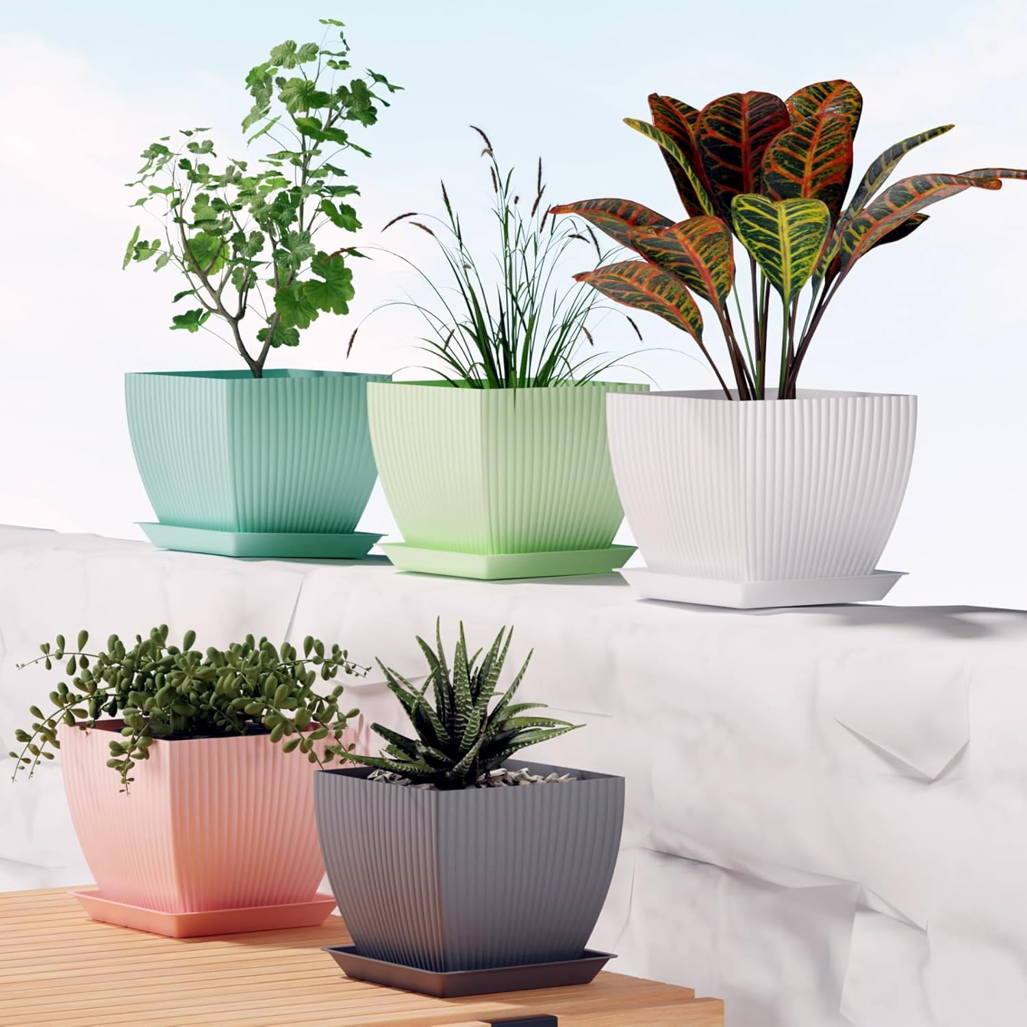 Kemendra® 6 inch Plant Pots with Drainage Holes and Tray Saucers 5 Pack