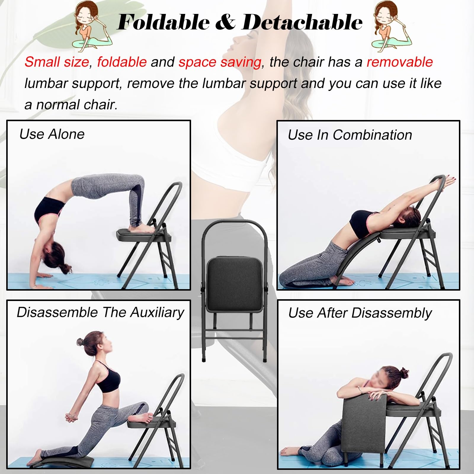 Sedia yoga Sedia Yoga Pieghevole Con Supporto Lombare Rimovibile, Strumento Di Allenamento Per L'inversione Dell'equilibrio Con Cuscino In PU, Sedia Yoga Per Esercizi Per La Vita/ I Glutei(Black)