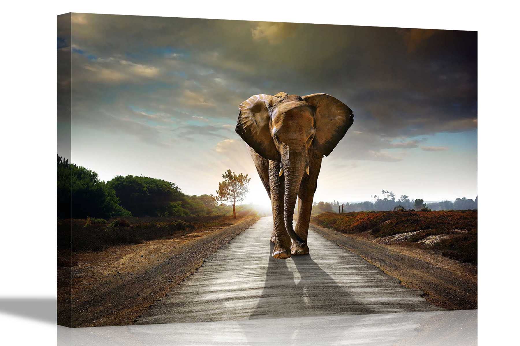 Artley Prints Grey Elephant Walking On Road Canvas Prints Home Decor Wall Art Pictures Home Office Bedroom Framed Hanging Posters Modern Artwork Extra Large 101 X 76Cm (40 X 30 Inches)