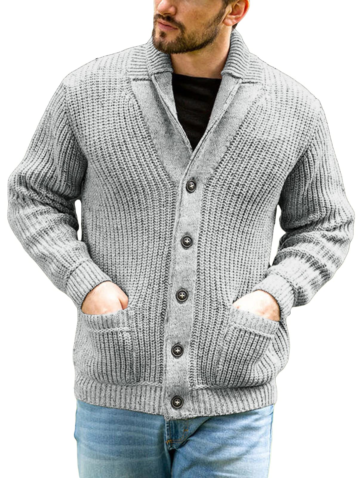 Runcati Strickjacke Herren Grobstrick Cardigan Lässig Schalkragen Langarm Knopfleiste Strickpullover Tops