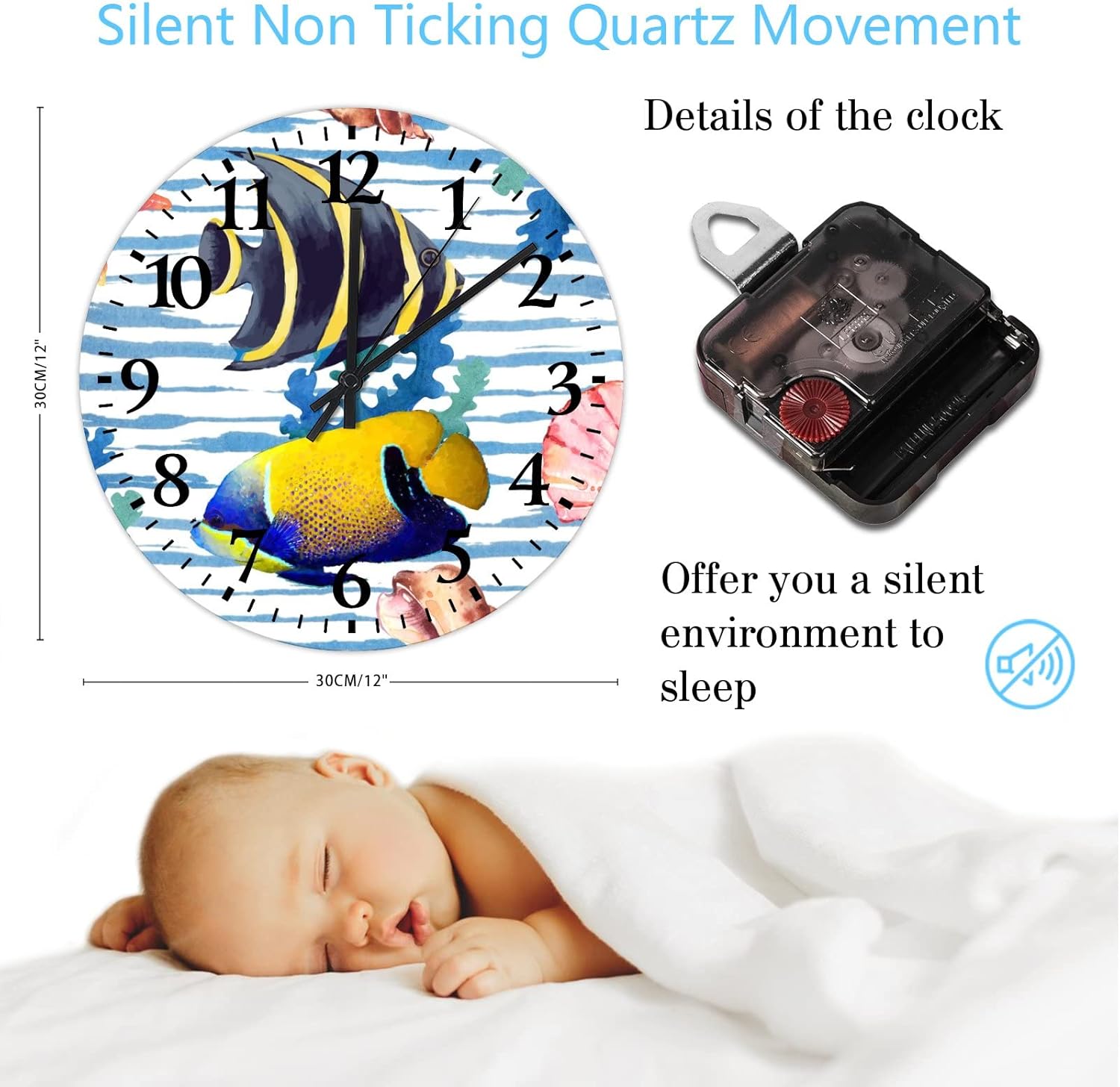 Wooden Clock Fish Home Decor Wall Clocks Silent Non-Ticking Battery Operated Arabic Numeral Blue Octopus Round Clock for Bedroom Living Room Home Decor 12 Inch