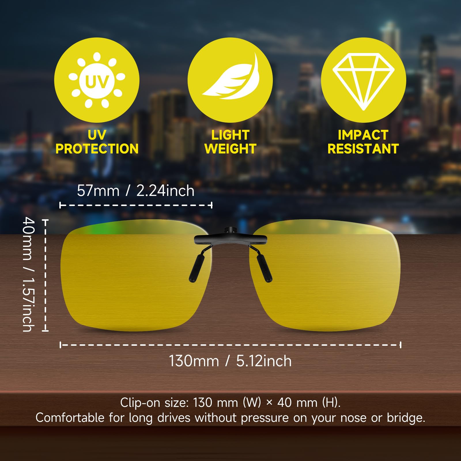 Gafas de conducción polarizadas con clip y abatibles, visión nocturna o lente solar, clip UV400, Visión nocturna con clip (57 x 40 mm, 2 unidades), Compact