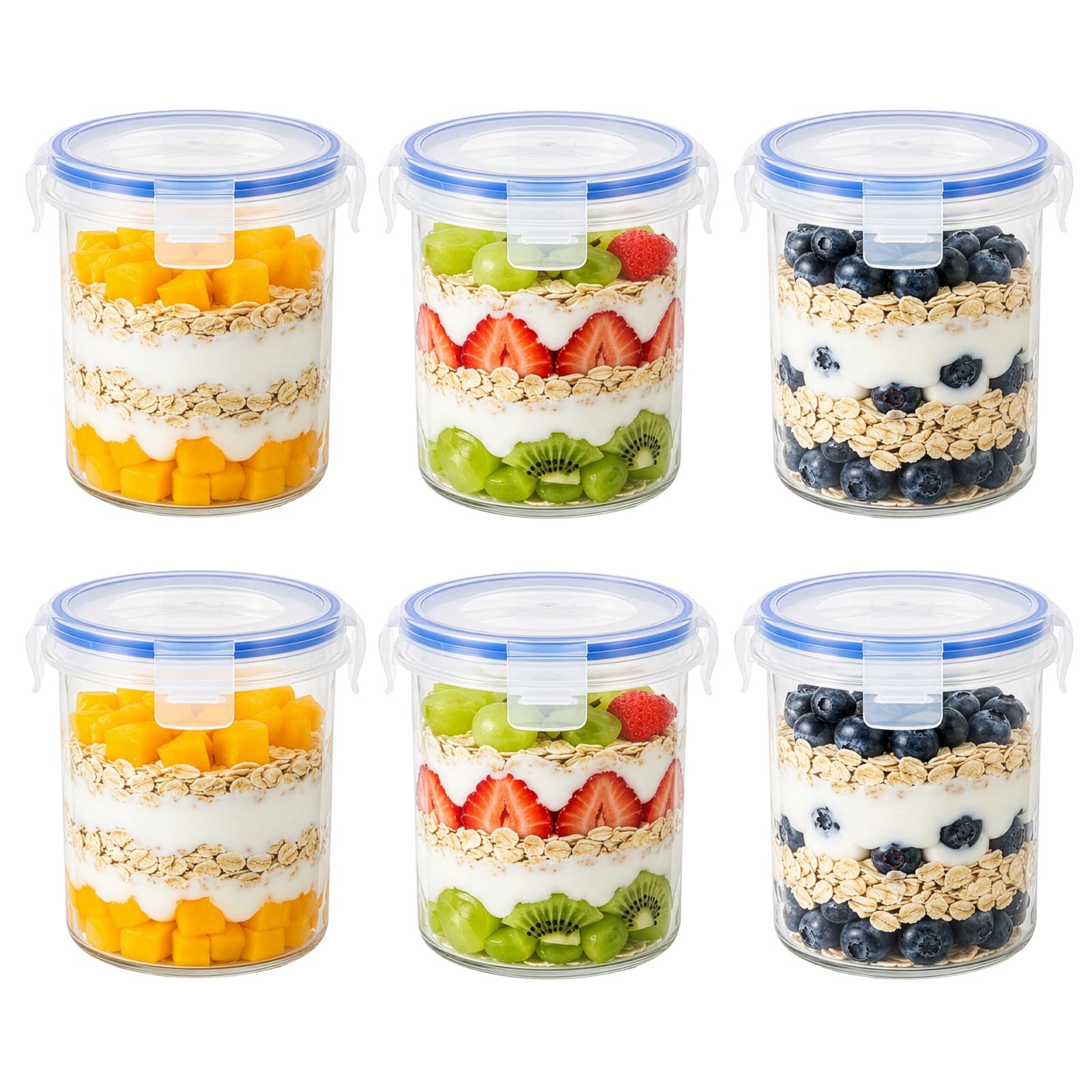 M.J COMFY-LIFE Overnight Oats Containers with Lids – 16 oz BPA-Free Plastic Jars, Airtight Locking Seal Portable Cereal & Milk Storage, Microwave & Dishwasher Safe Oatmeal To-Go Jars (6)
