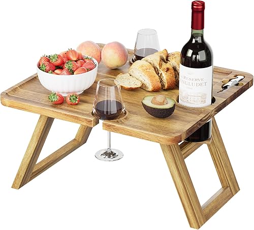 Smart FENDEE Mesa de picnic de madera de acacia, bandeja plegable grande para quesos para comer, mesa de playa portátil al aire libre con abridor de