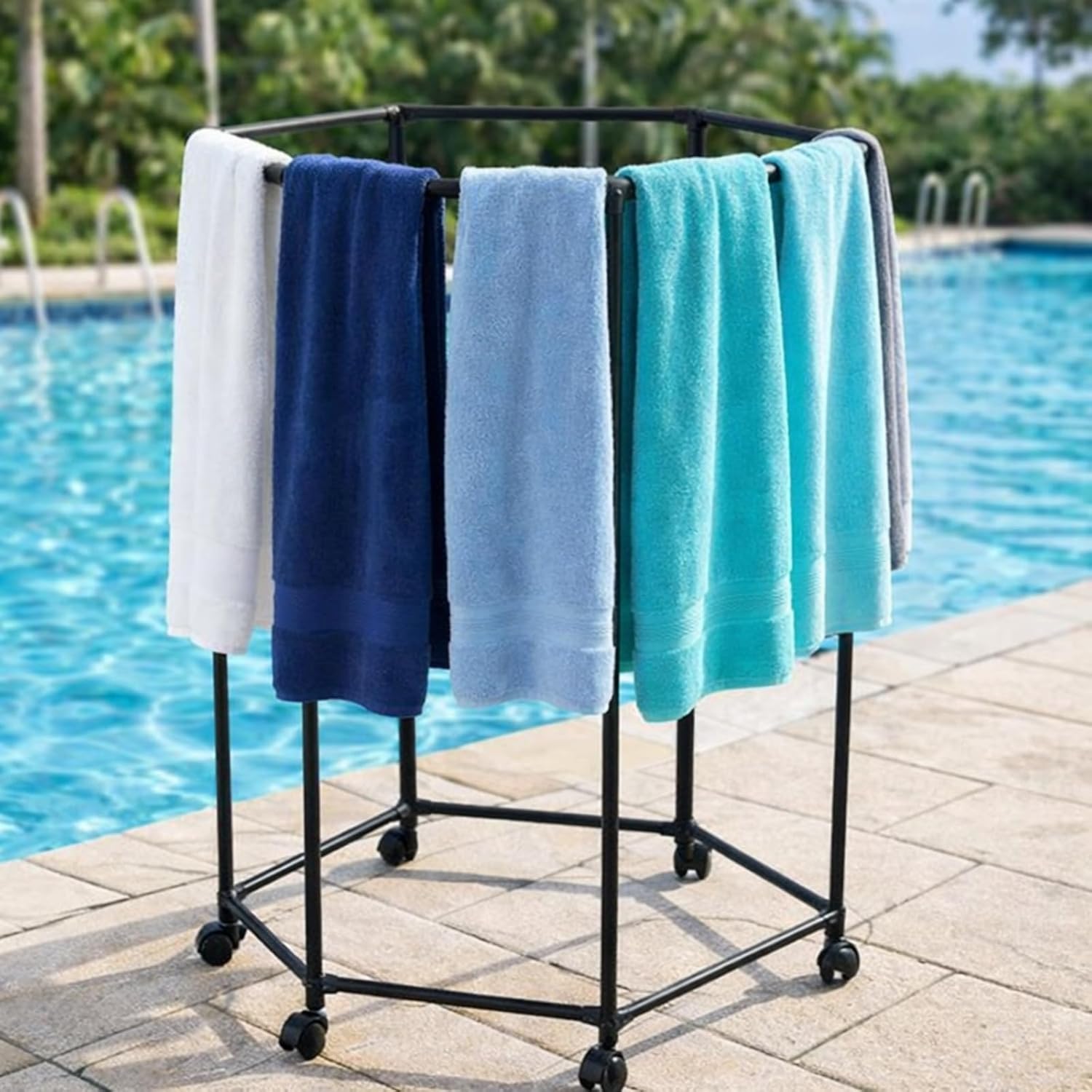 Lounsweer 47in Tall Outdoor Pool Towel Rack with Wheels Hexagonal Free Standing Blanket Holder Towel Drying Rack Quilt Storage Blanket Holder for Pool Spa Hot Tub Bathroom Living Room