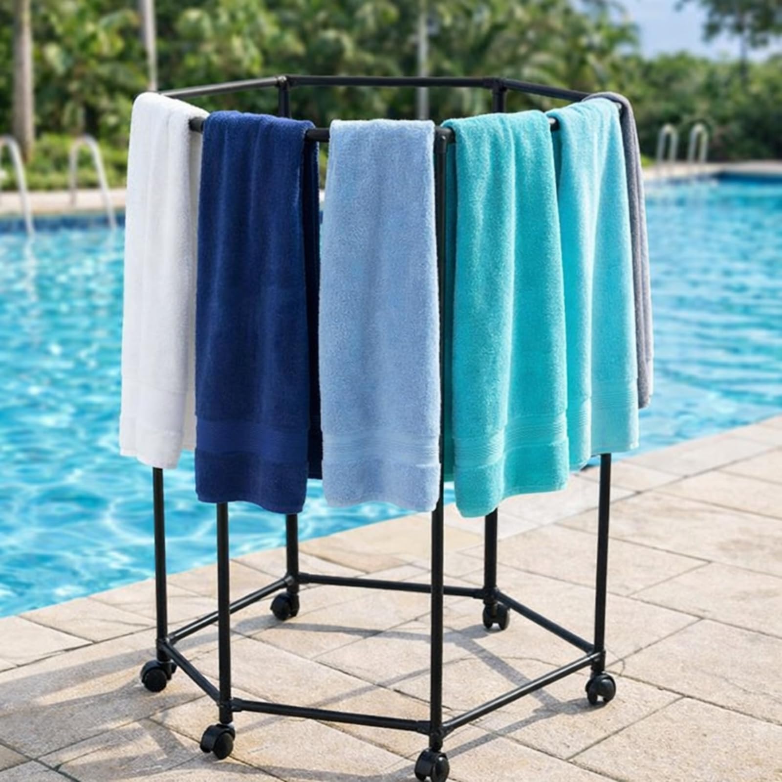 Photo 1 of ***MISSING MOSYT PARTS AND INSTRUCTIONS***
Lounsweer 47in Tall Outdoor Pool Towel Rack with Wheels Hexagonal Free Standing Blanket Holder Towel Drying Rack Quilt Storage Blanket Holder for Pool Spa Hot Tub Bathroom Living Room