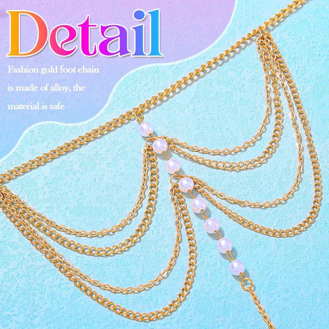 Nicute 2PCS Pearls Barefoot Sandal Anklets Gold Layered Toe Ankle Bracelets Summer Beach Foot Accessories for Women