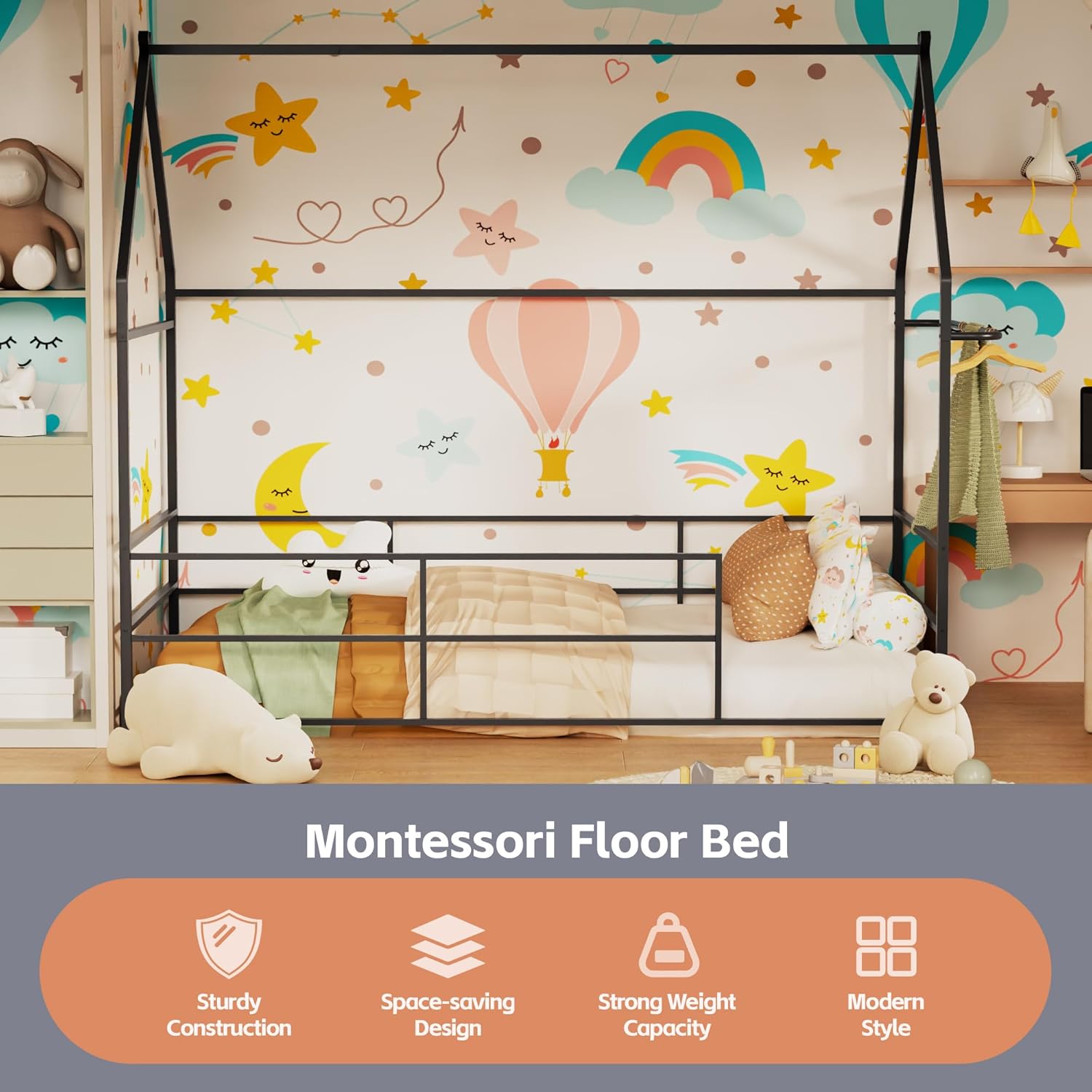 TOLEAD Twin Floor House Bed, Metal Twin Floor Bed Frame with Headboard & Footboard, Montessori House Bed Frame for Toddlers, Kids, Boys, Girls (Black)