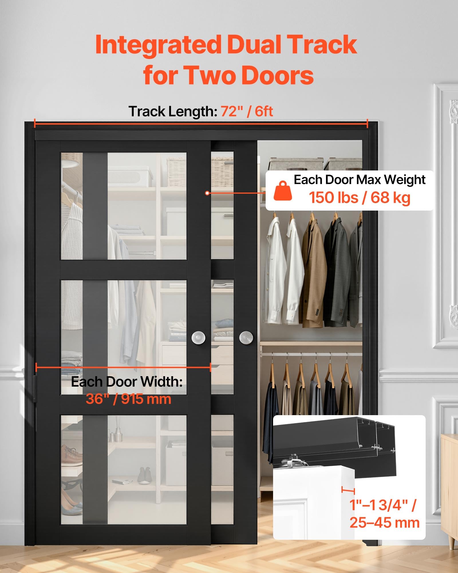 VEVOR Kit Binario per Porta Scorrevole Ferramenta per Guida Doppia Lunghezza 1829 mm, Set di Ferramenta per Porta a Scomparsa Lega di Alluminio Carico Singolo max. 68 kg Camera da Letto Bagno