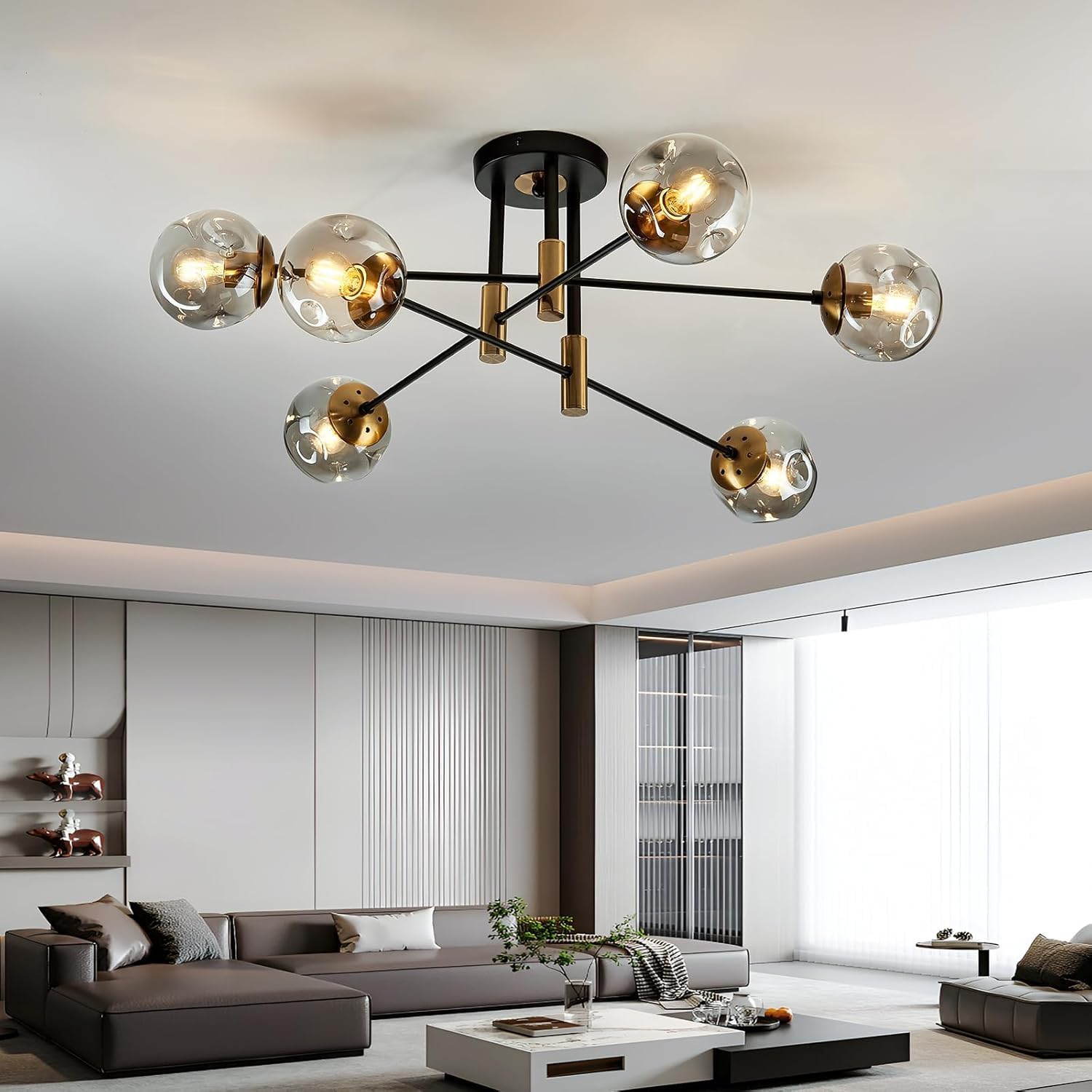 6-Light Glass Globe Sputnik Light Fixture Modern Matte Black and Gold Chandelier Semi Flush Mount Ceiling lamp for Living Room Kitchen Dining Room Farmhouse Bedroom