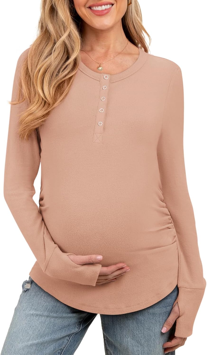 Women's Maternity Shirts Casual Long Sleeve Round Neck Button Side Ruched Pregnancy Clothes S-XXL