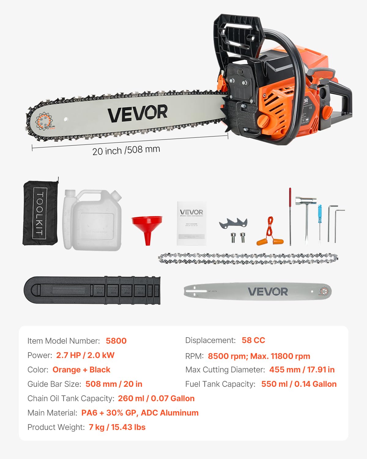 VEVOR Motosierra de Gasolina de 508 mm, Motosierra de Gasolina de 58 cc, 2,7 HP con Mango Antideslizante, Doble Depósito de Combustible, Ideal para Cortar Madera, Podar Árboles y Limpiar Terrenos