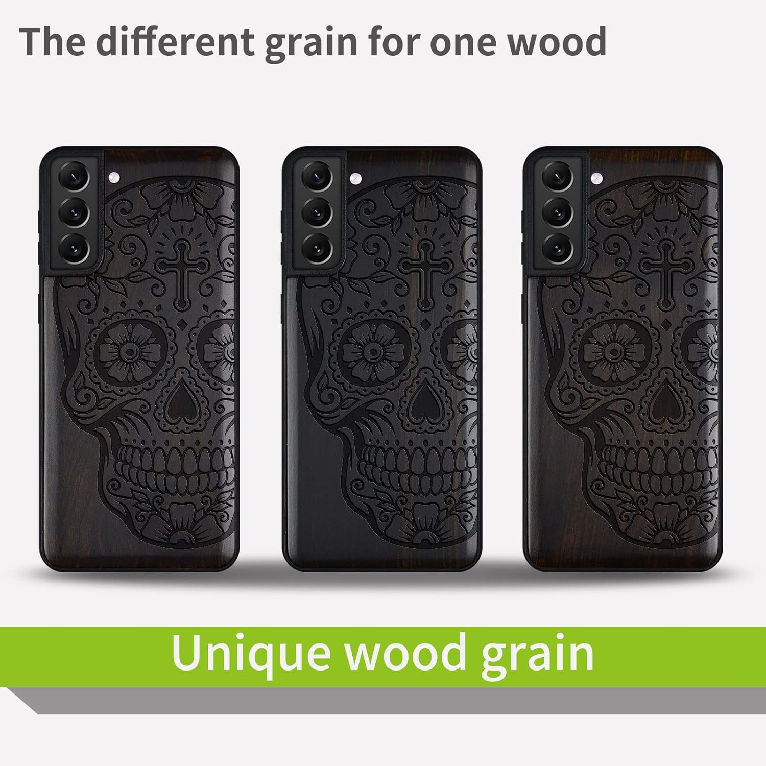 Carveit Wood Case for Galaxy S21 FE Case [Natural Wood & Black Soft TPU] Shockproof Hybrid Protective Unique Wooden Cover Compatible with Samsung S21 FE 5G (Sugar Skull-Blackwood)