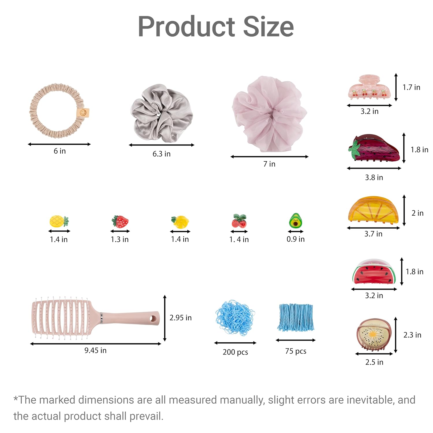 75 Wave Hair Clips, 200 Hair Ties, 2 Smiley Scrunchies, 10 Fruit Clips, 2 Satin Scrunchies, Comb - Hair Accessories Kit for Women & Girls (Blue)