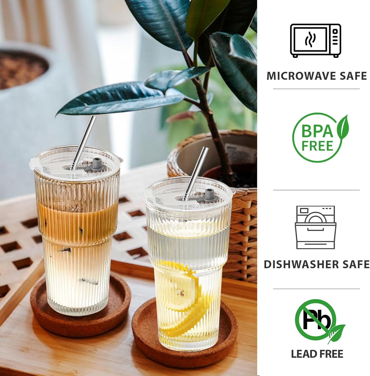 Iced Coffee Cups with Lids and Straws, 20 OZ Glass Tumbler with Straw and Lid, Clear Ribbed Glass Cups Reusable to Go Coffee Tumbler for Matcha, Smoothie, Cocktail,Latte, 4 Pcs - Image 2