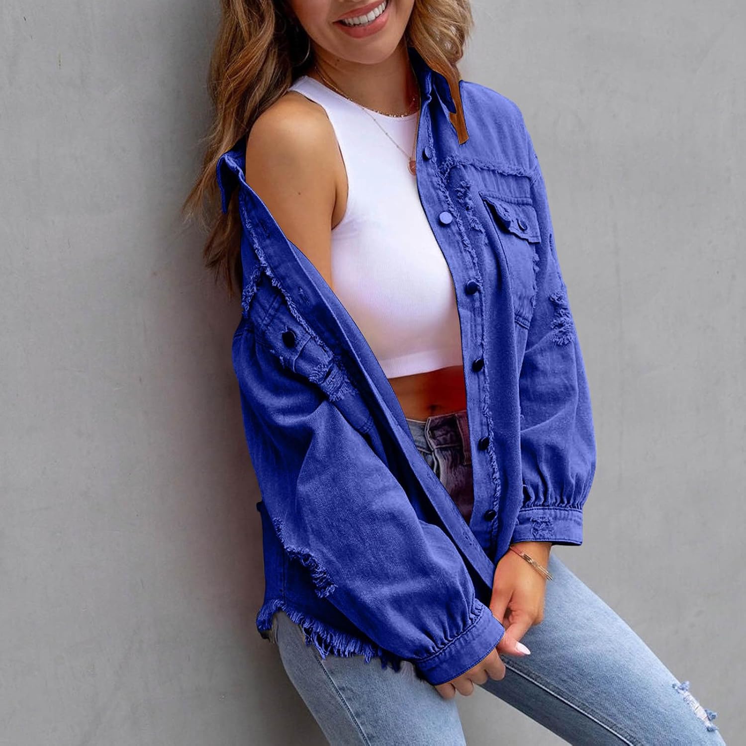 Jean Jacket Women Trendy Ripped Denim Button Down Shirt Oversized Lightweight Jeans Shacket With Detachable Hoodie - Image 6