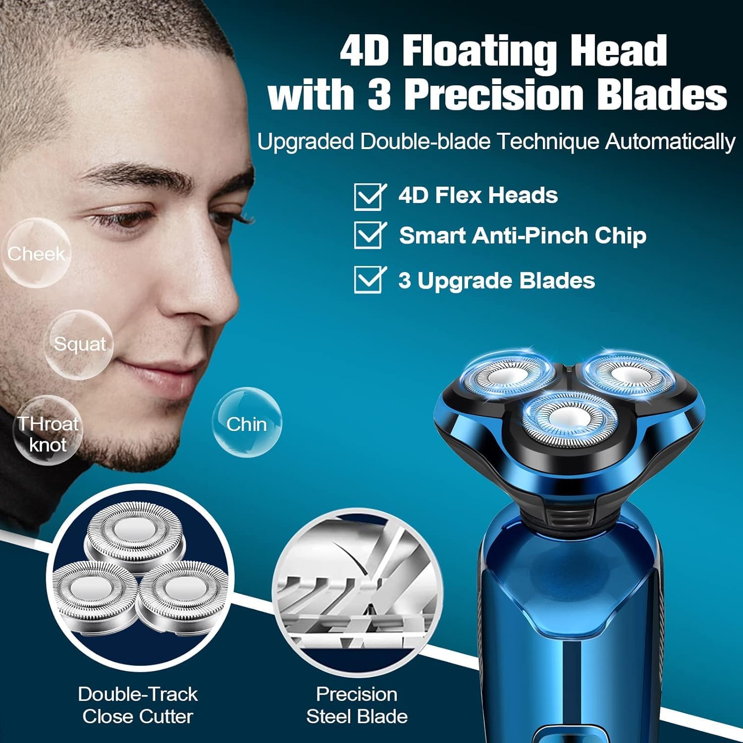 Mens Electric Shaver, 4D Floating Head High-Speed Motor IPX7 Waterproof, Fast Charging Cordless Electric Razor with Pop-Up Trimmer & Replaceable Blades