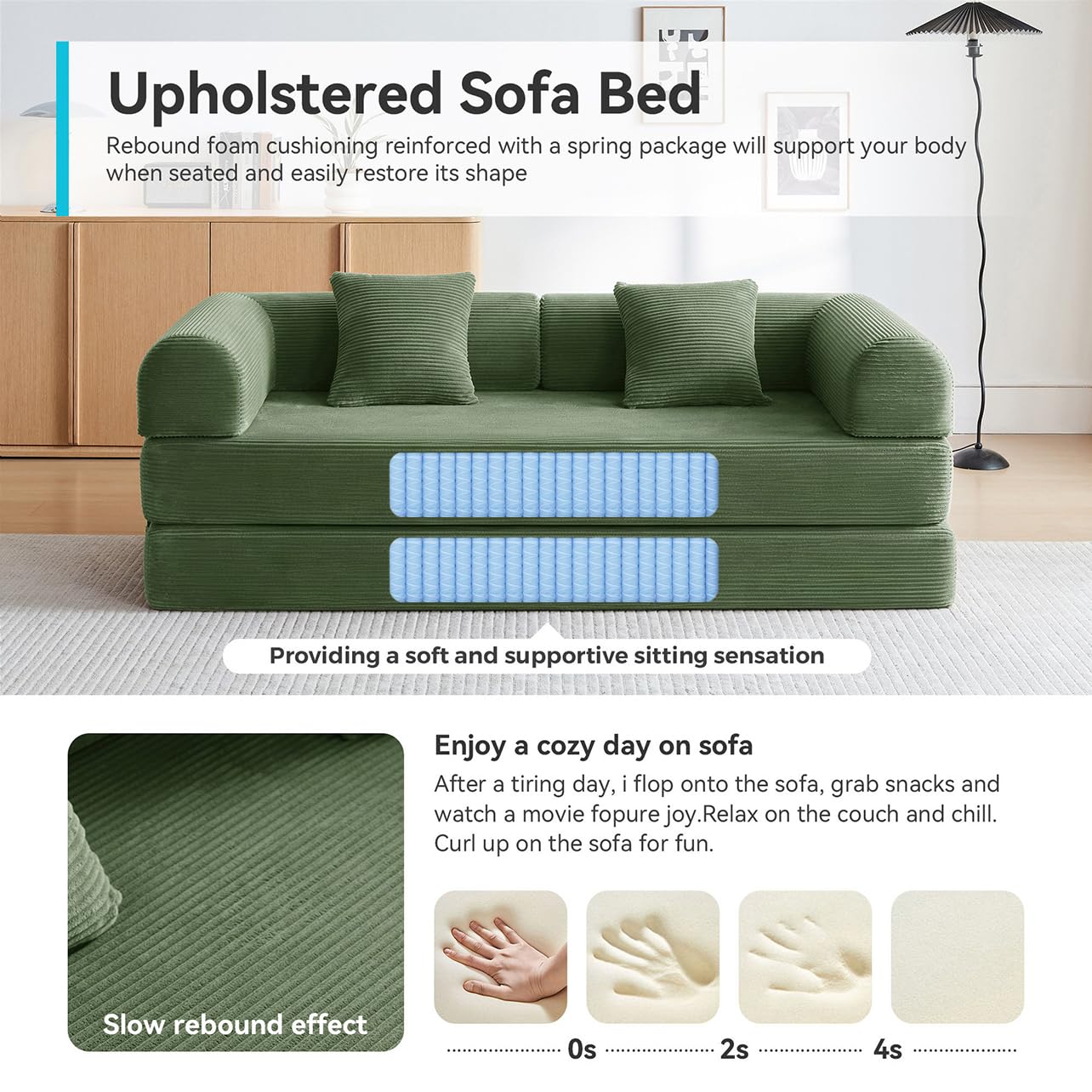 79" Convertible Futon Sofa Bed, Boneless Couch for Living Room (Green) | Corduroy Boneless Loveseat Sleeper Sofa, Modular Futon Couch with 2 pillow, Pull Out Couch No Assembly