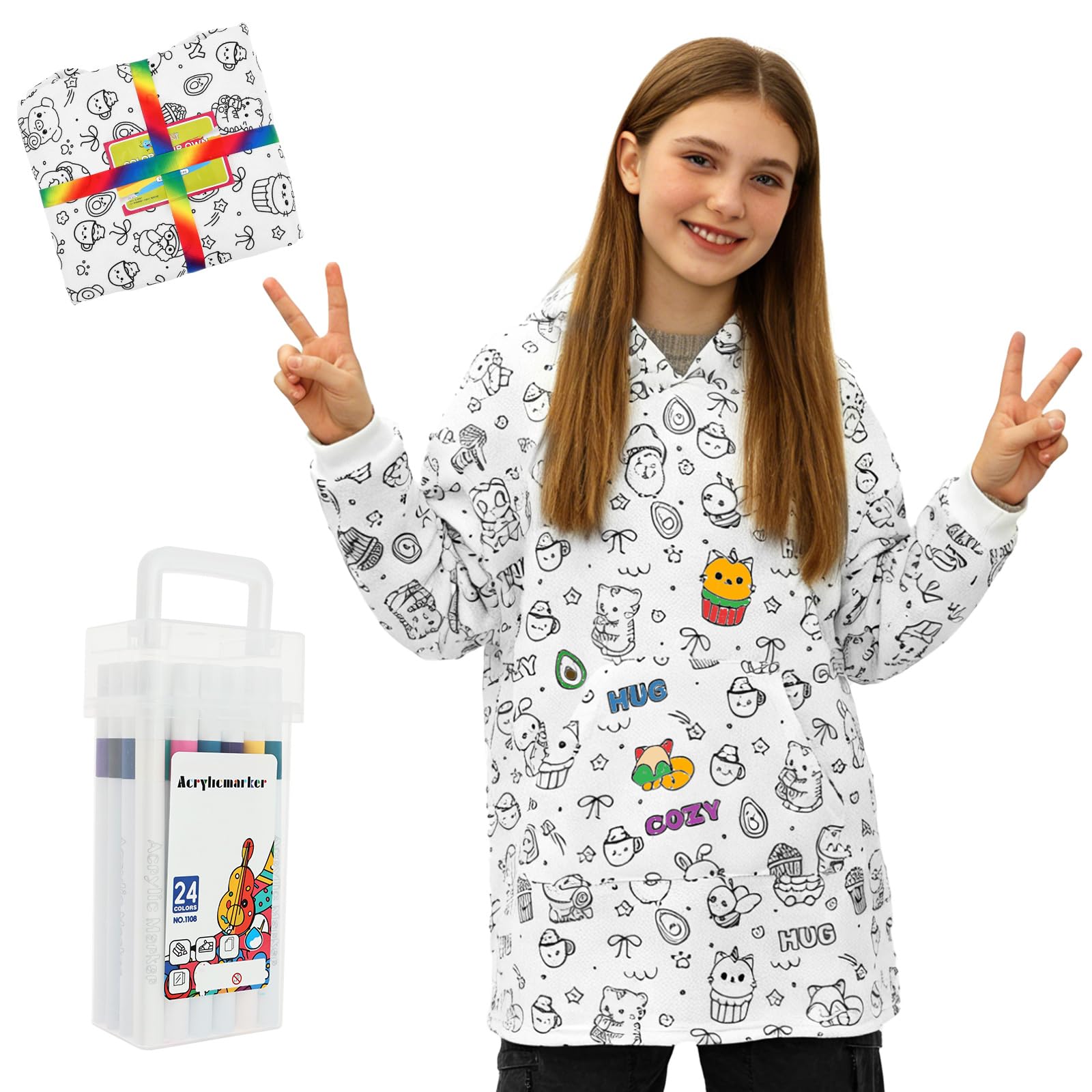 Koc z kapturem do samodzielnego ozdobienia, barwiony koc z 24 trwałymi markerami do materiału, kreatywna, spersonalizowana, DIY, przenośna bluza z kapturem do sypialni, salonu, książki do