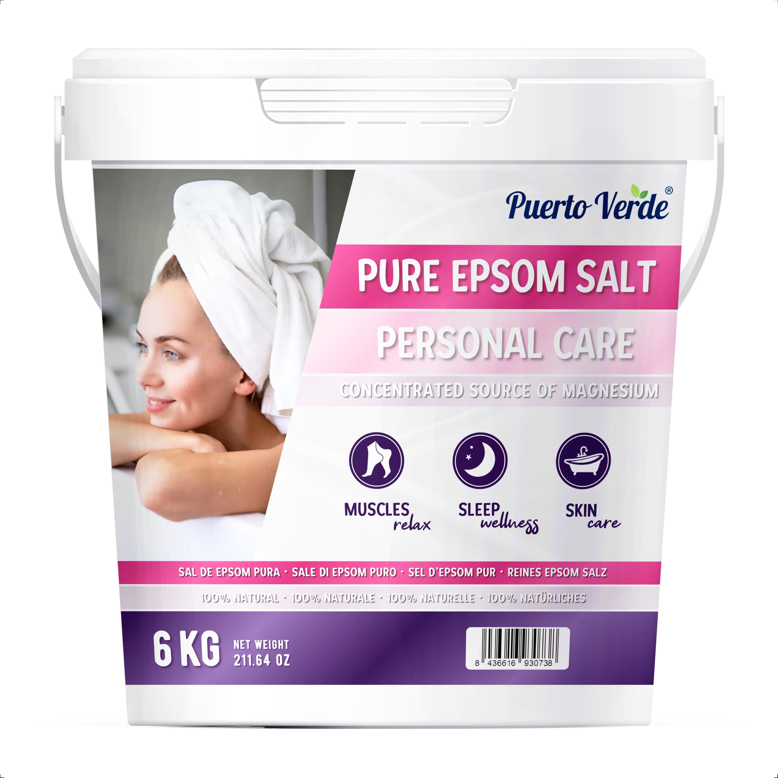 Puerto Verde • Epsom Salz 6 Kg. Konzentrierte Magnesium Quelle. Bittersalz aus 100% Natürlichem Ursprung. Badesalz für Muskelkater, Stressabbau & Guten Schlaf. Europäische Produktion.