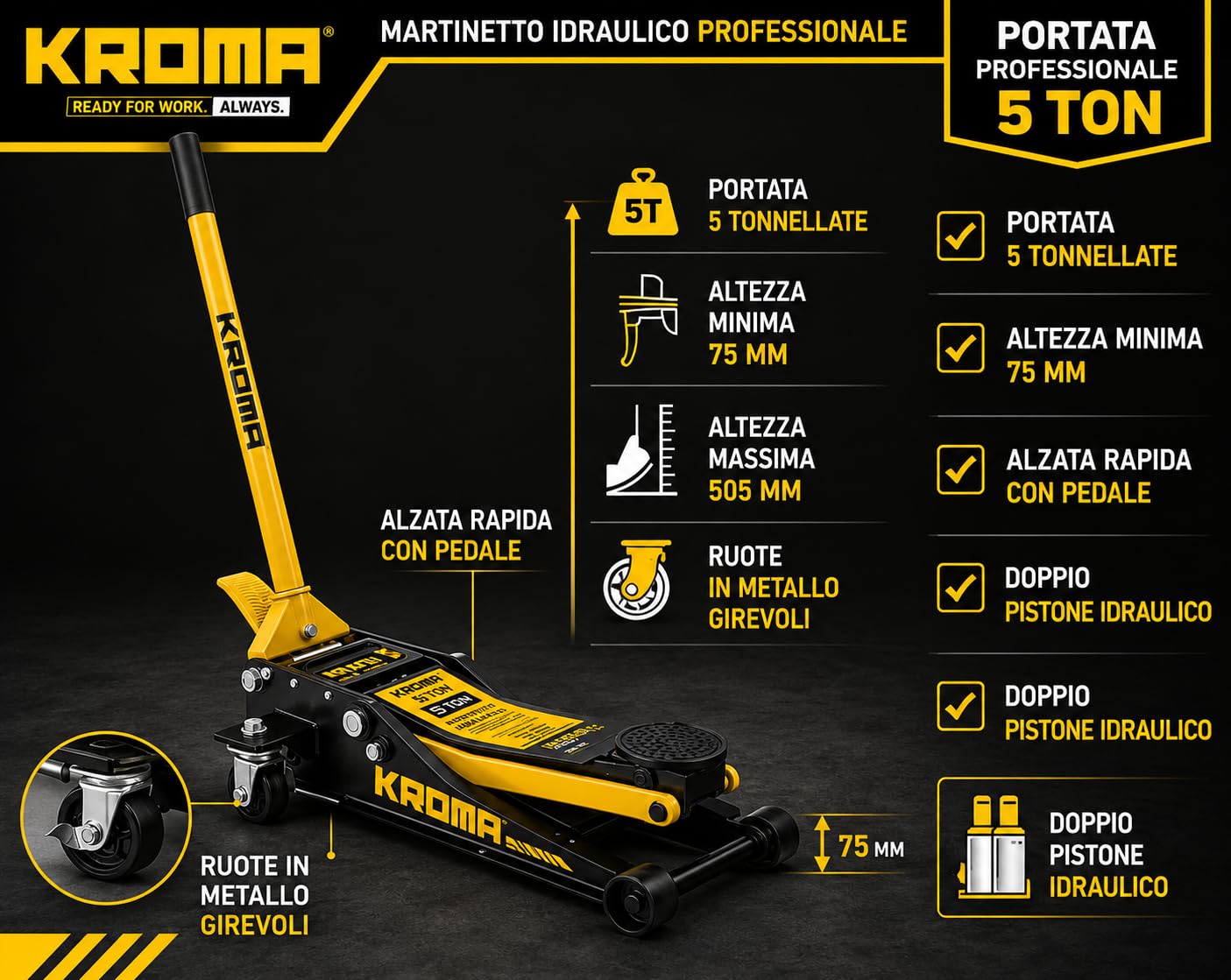 Kroma - Gato hidráulico profesional de 5 toneladas para coche de perfil bajo 75 – 505 mm, doble pistón hidráulico, elevación rápida a pedal, ruedas de metal giratorias