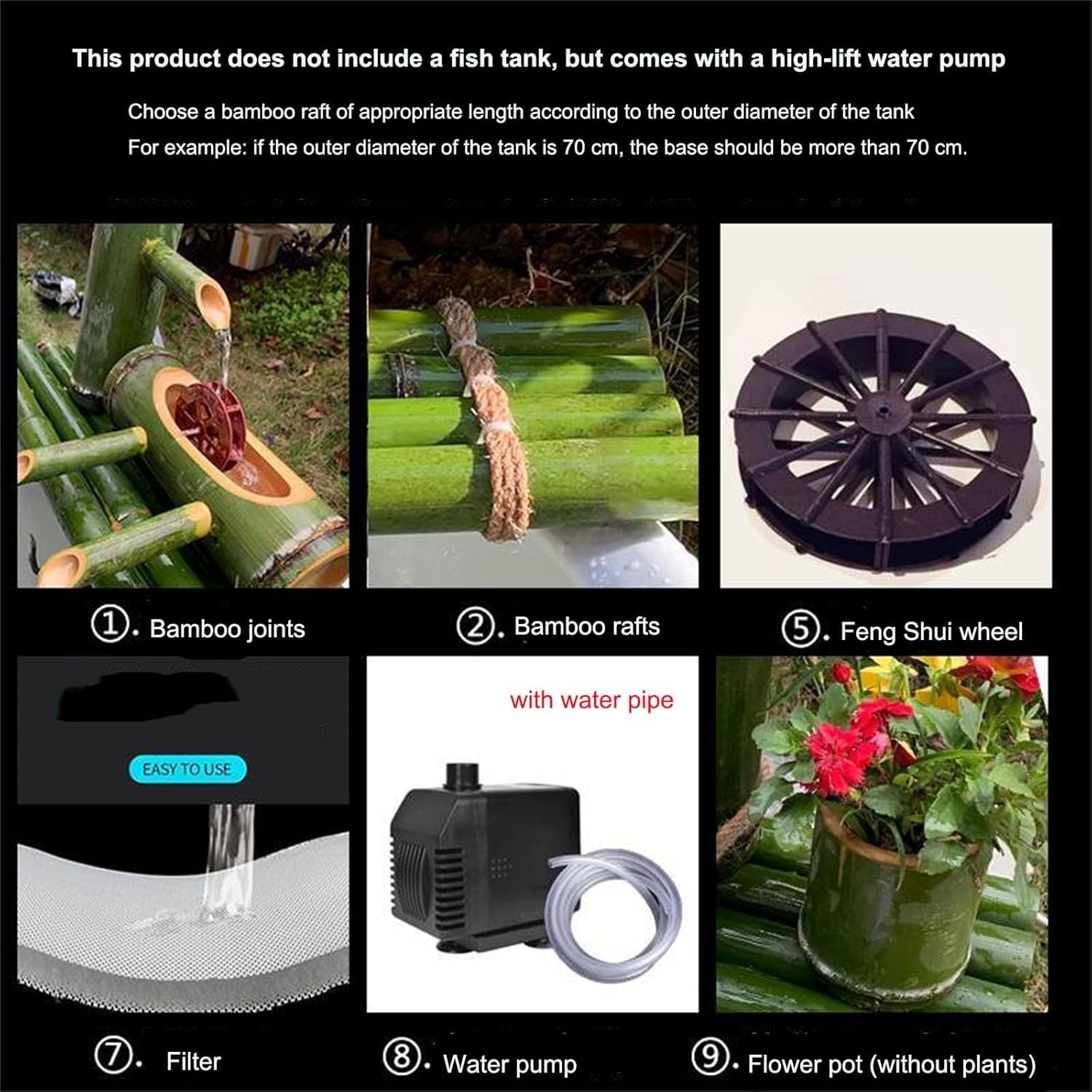 Fuente De Agua Solar De Bambú: Decoración De Jardín Zen Japonés con Bomba Y Panel Solar, Elemento Acuático Feng Shui para Exteriores, Patios Y Espacios Interiores. 50cm