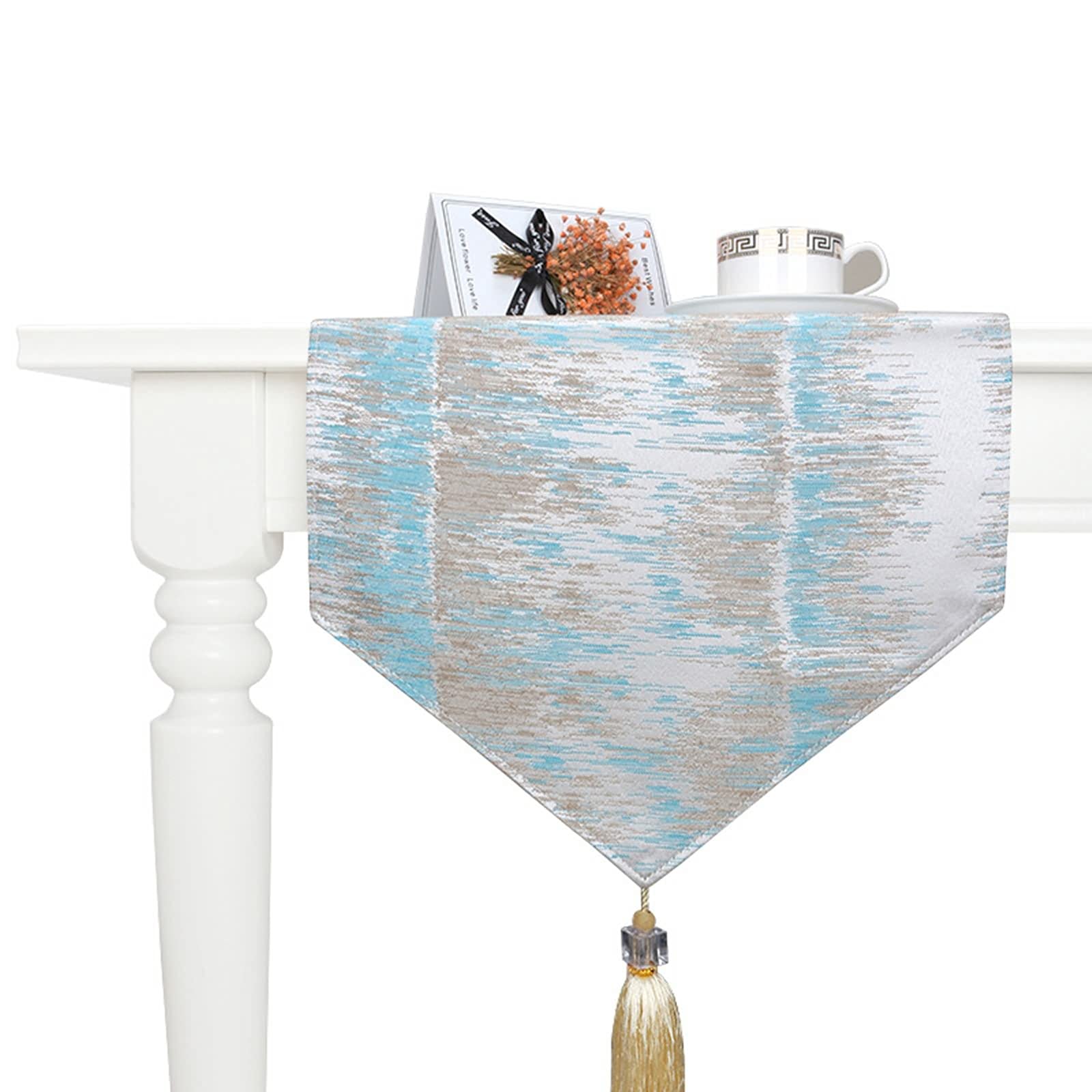 Tischläufer Nordic Style, Tischdecke Garten Blau Quasten Dreieck Jacquard Muster Baumwolle 35X228cm Goldene Hochzeit Deko