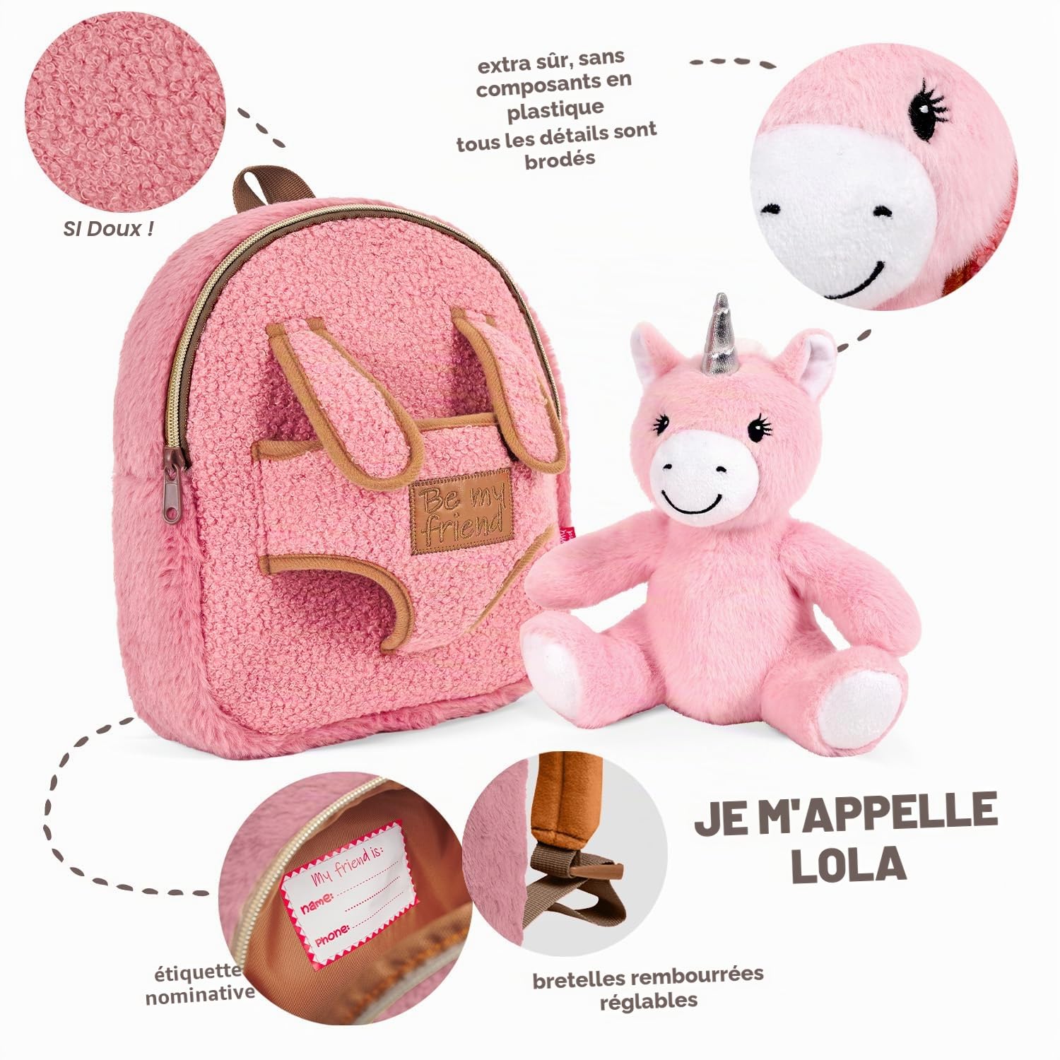 PERLETTI Sac à Dos Peluche pour Enfant 3 4 5 Ans - Mini Cartable Doux Mignon de Voyage et Doudou Animal École Maternelle - Petit Jouet et Sacoche Petite Fille Garçon Bébé - 27x21x9 cm (Licorne)