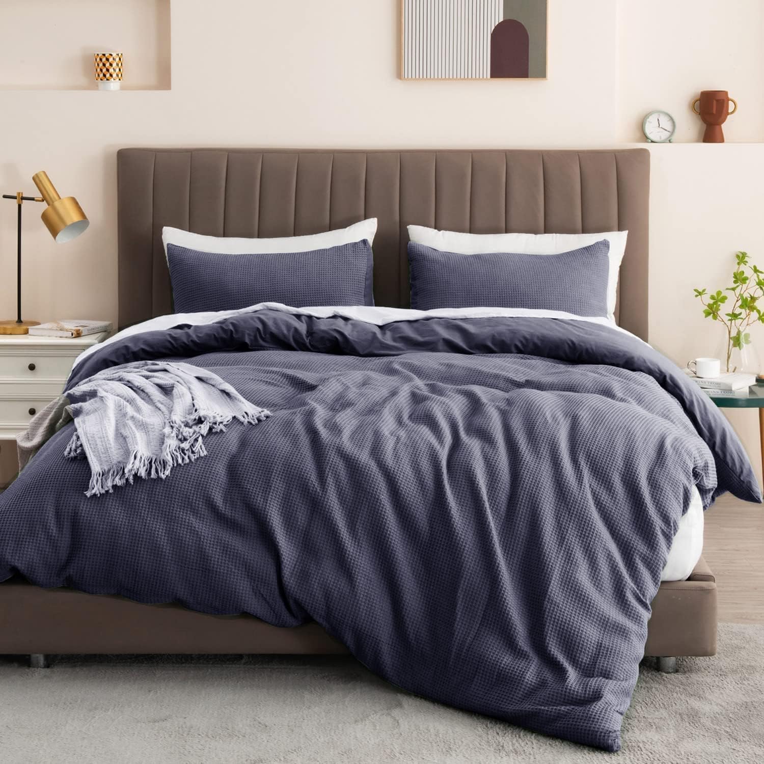 PRIME LINENS 100% Cotton Duvet Cover Set 3 Piece Quilt Cover Bedding Set with 2 Pillow Cases Waffle Bedding Quilt Cover Set Anti Allergic Machine Washable (Grey, King (U.K. Standard))