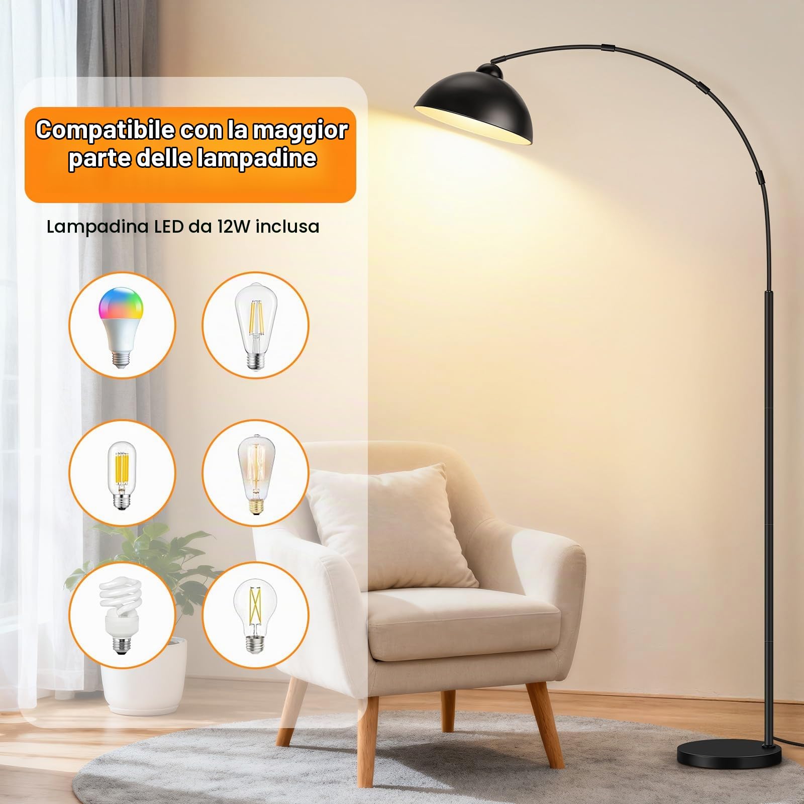 OUTON Lampada ad arco, lampada da terra LED dimmerabile, Nero | 4 temperature di colore, lampada da terra per soggiorno, camera da letto, ufficio