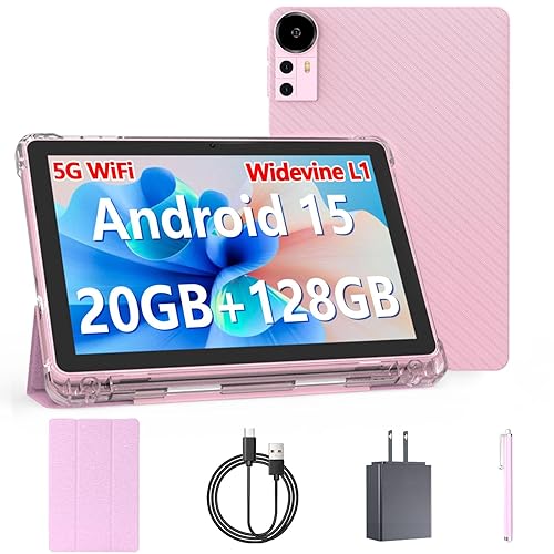 Android 15 Tablet 10 inch Tablets, 20GB RAM 128GB ROM 2TB Expand, 2.0Ghz CPU Quad-Core Processor Tablet PC with Case and Stylus, 5G WiFi6, BT5.0, 6000mAh Battery, Dual Camera, Widevine L1, GMS, Pink - Pink