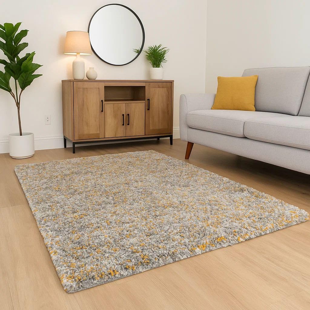 Extra Large Yellow White Grey Spot Pattern Shaggy Rug Soft Cushioned Fibres for Living Room Bedroom 240cm x 330cm (7ft 10" x 10ft 10")