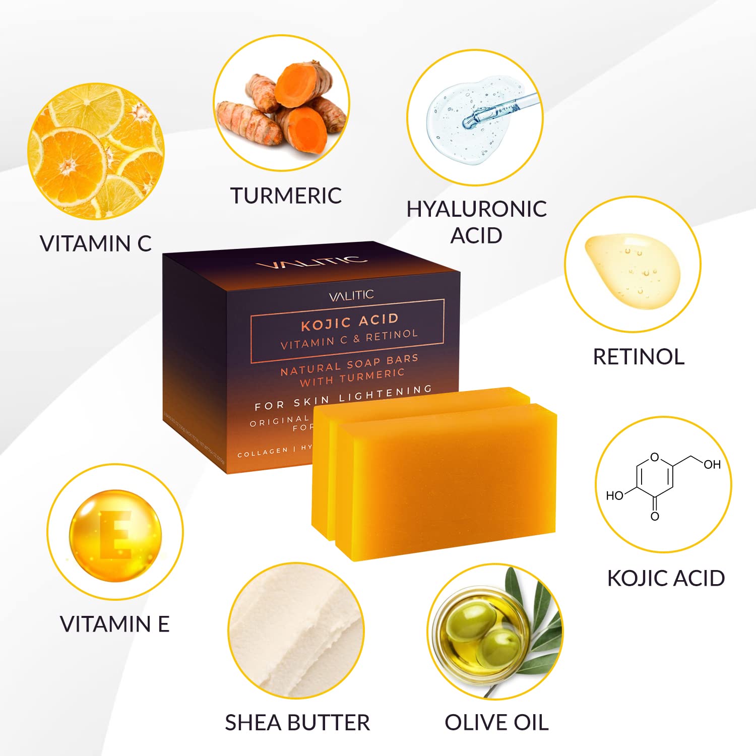 Valitic Kojic Acid Vitamin C and Retinol Soap Bars with Turmeric for