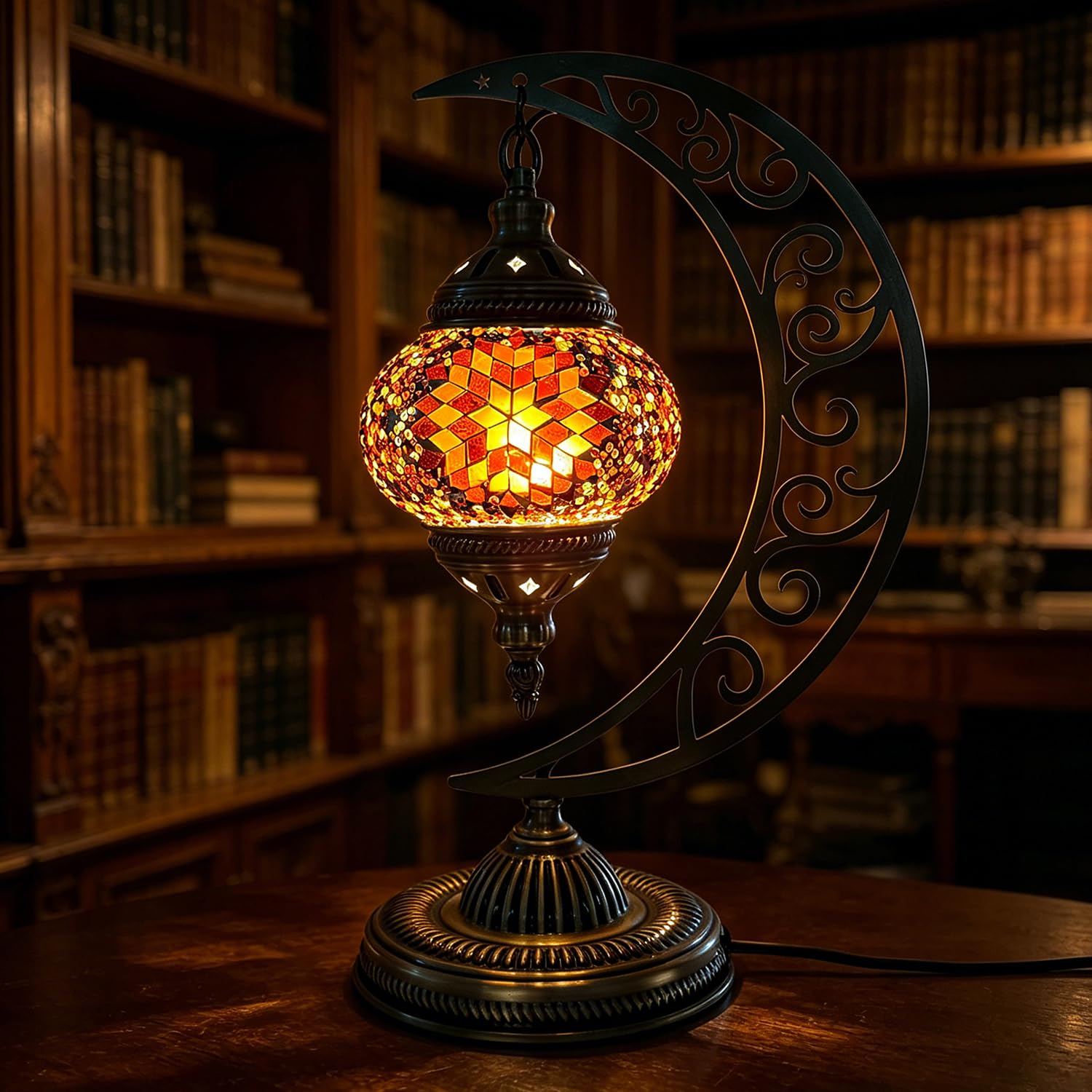 Marrakech Turkish Lamp Moon Shaped USB Powered Bohemian Turkish Moroccan Style Bedside Lamp Mosaic Stained Glass Table Lamps with Bronze Base H 15.35in for Library Bar Dining Room Decor(Colorful18) — image 1